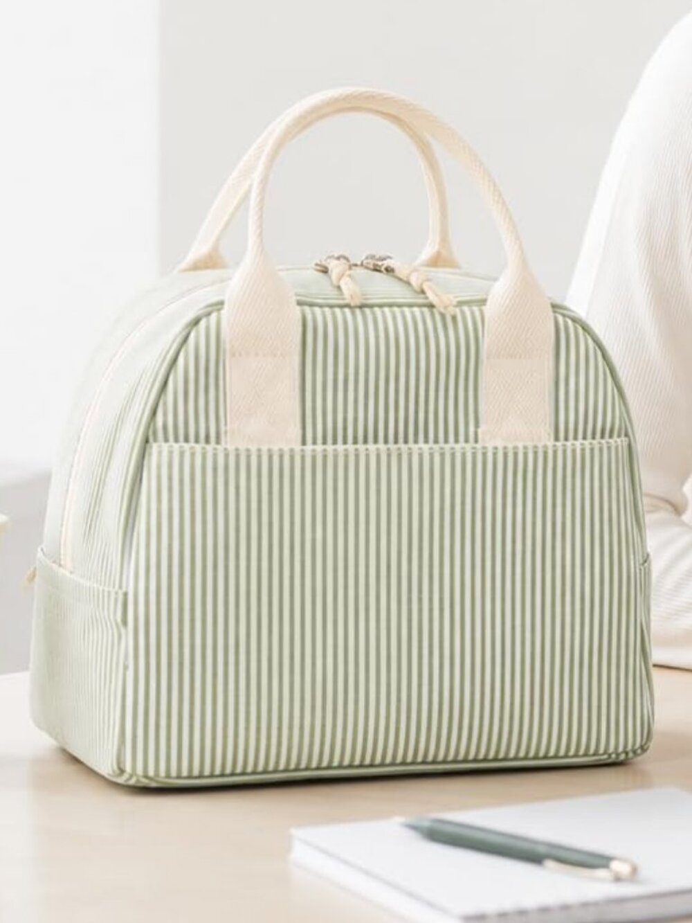 LOVELYWIND Lunch Box for Women,Insulated Lunch Bag,Green Stripe14-Can(9L)
